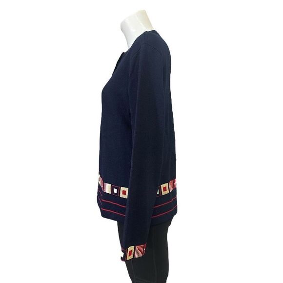 St. John Sport Santana Knit Navy Sweater SJ Buttons Multi color Patch Trim sz S - Picture 5 of 10